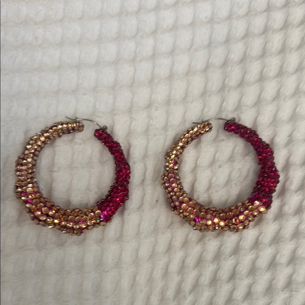 Elegant Gold and Pink Beaded Hoop Earrings